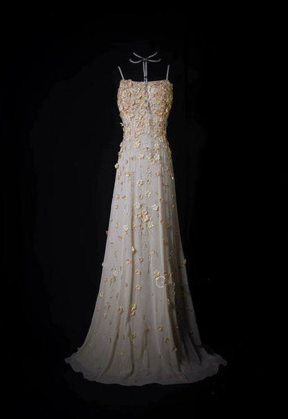 Graceful Spaghetti Strap Apricot Prom Dress Appliques Beads A-Line Evening Dress AP7164