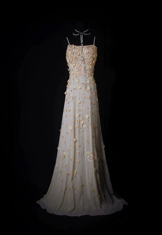 Graceful Spaghetti Strap Apricot Prom Dress Appliques Beads A-Line Evening Dress AP7164