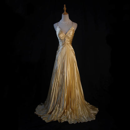 Classical Spaghetti Strap Pleated Gold Prom Dress Sequins A-Line Evening Dress AP7166