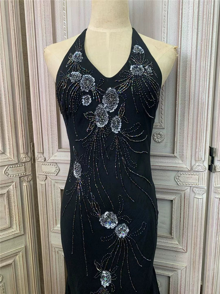 Fantastic Halter Neck Ruffles Black Prom Dress Sequins Mermaid Evening Dress AP7167