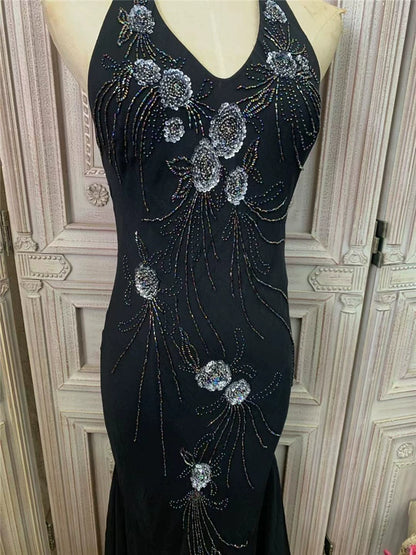 Fantastic Halter Neck Ruffles Black Prom Dress Sequins Mermaid Evening Dress AP7167