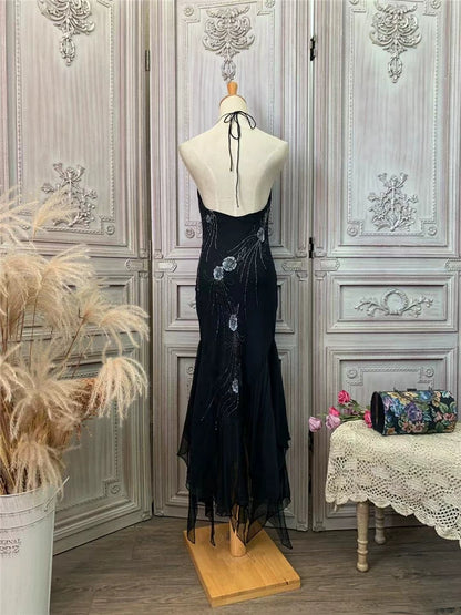 Fantastic Halter Neck Ruffles Black Prom Dress Sequins Mermaid Evening Dress AP7167