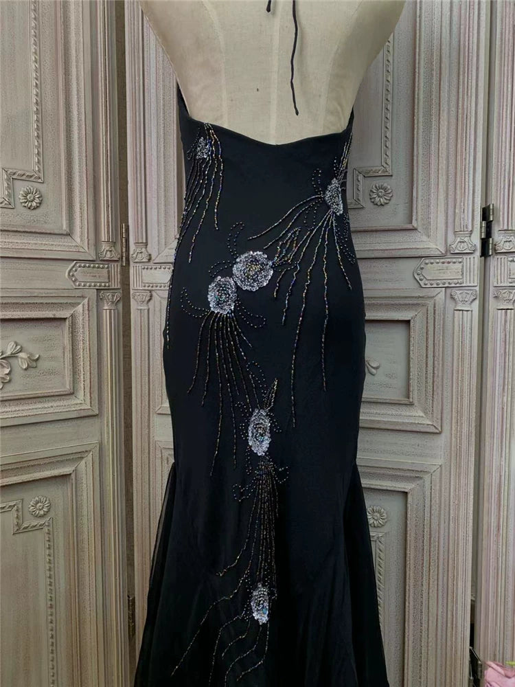 Fantastic Halter Neck Ruffles Black Prom Dress Sequins Mermaid Evening Dress AP7167