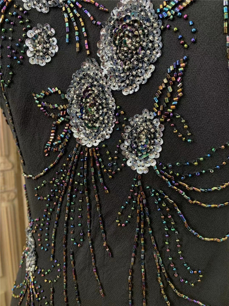 Fantastic Halter Neck Ruffles Black Prom Dress Sequins Mermaid Evening Dress AP7167