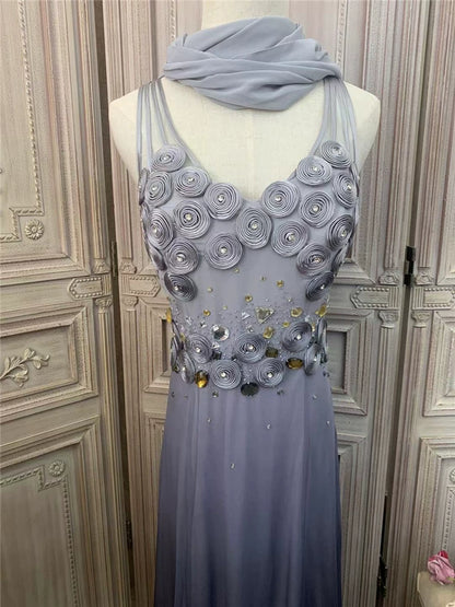 Sweet Spaghetti Strap Ombre Grey Prom Dress Crystals Appliques A-Line Evening Dress AP7168