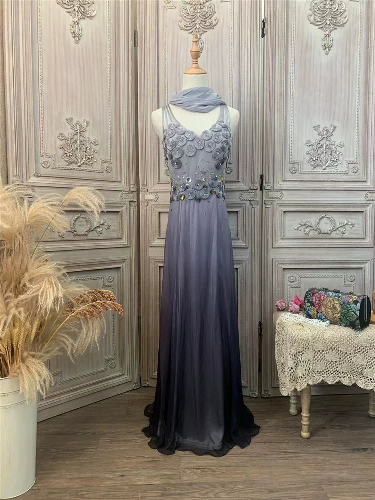 Sweet Spaghetti Strap Ombre Grey Prom Dress Crystals Appliques A-Line Evening Dress AP7168