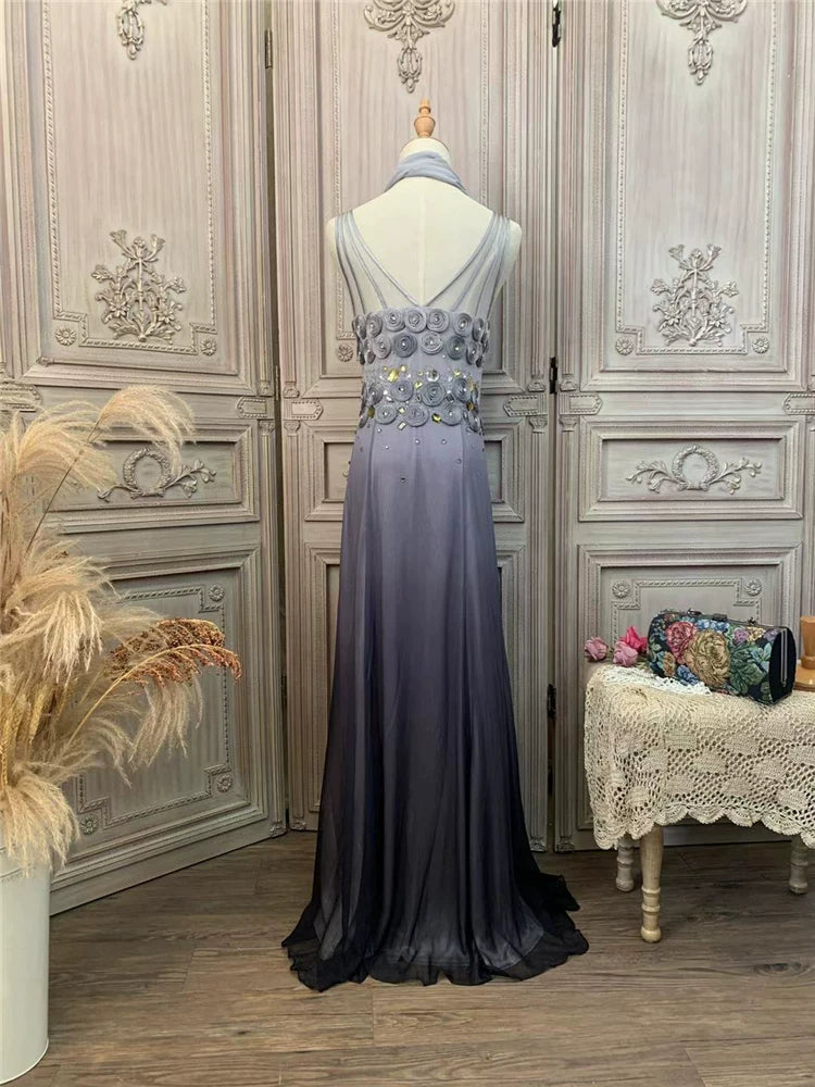 Sweet Spaghetti Strap Ombre Grey Prom Dress Crystals Appliques A-Line Evening Dress AP7168