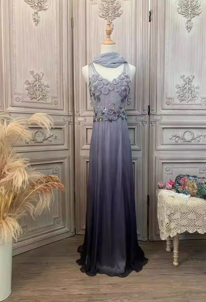 Sweet Spaghetti Strap Ombre Grey Prom Dress Crystals Appliques A-Line Evening Dress AP7168