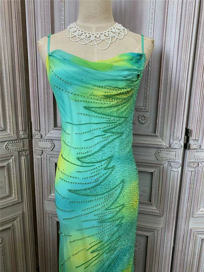 Cute Spaghetti Strap Green Prom Dress Long Sequins Beads Sheath Evening Dress AP7169