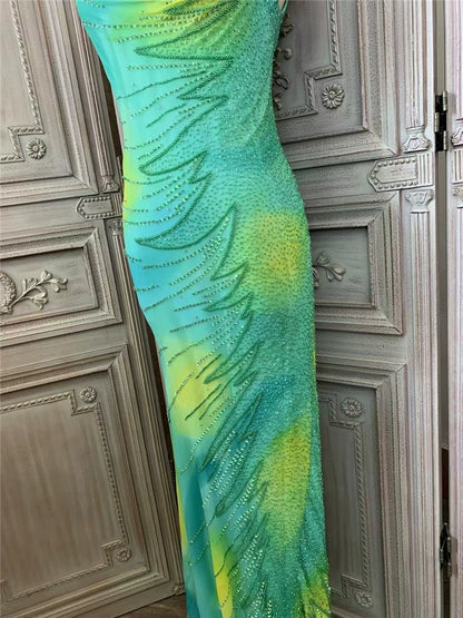 Cute Spaghetti Strap Green Prom Dress Long Sequins Beads Sheath Evening Dress AP7169
