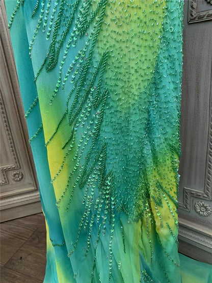 Cute Spaghetti Strap Green Prom Dress Long Sequins Beads Sheath Evening Dress AP7169