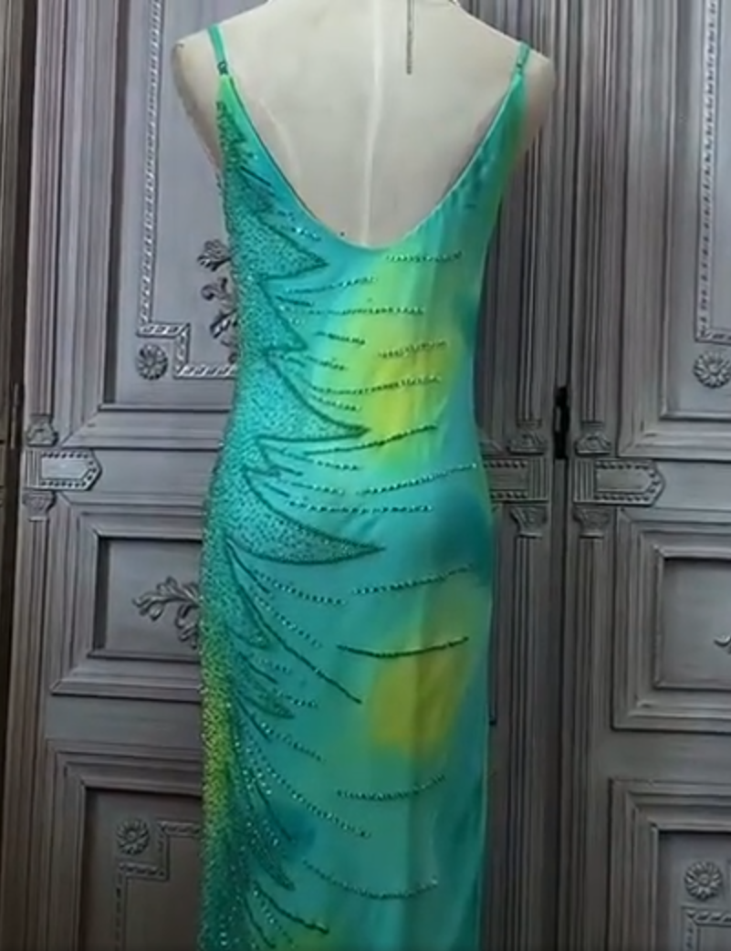 Cute Spaghetti Strap Green Prom Dress Long Sequins Beads Sheath Evening Dress AP7169