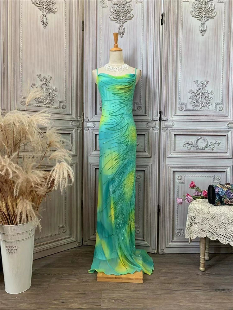 Cute Spaghetti Strap Green Prom Dress Long Sequins Beads Sheath Evening Dress AP7169