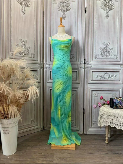 Cute Spaghetti Strap Green Prom Dress Long Sequins Beads Sheath Evening Dress AP7169