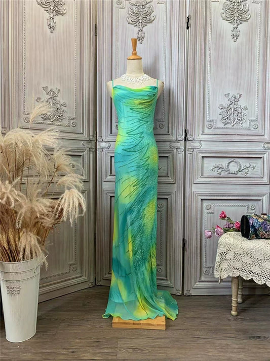 Cute Spaghetti Strap Green Prom Dress Long Sequins Beads Sheath Evening Dress AP7169