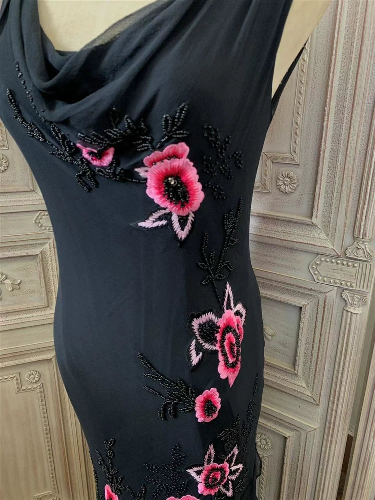Vintage Draped V Neck Black Prom Dress Appliques Beads Sheath Formal Outfit AP7170