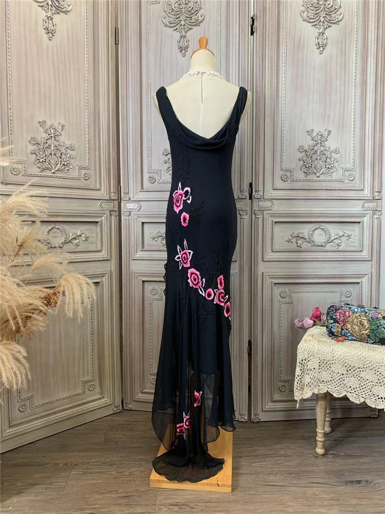 Vintage Draped V Neck Black Prom Dress Appliques Beads Sheath Formal Outfit AP7170