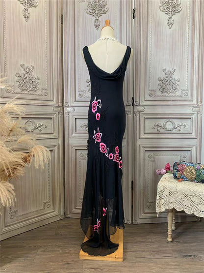 Vintage Draped V Neck Black Prom Dress Appliques Beads Sheath Formal Outfit AP7170