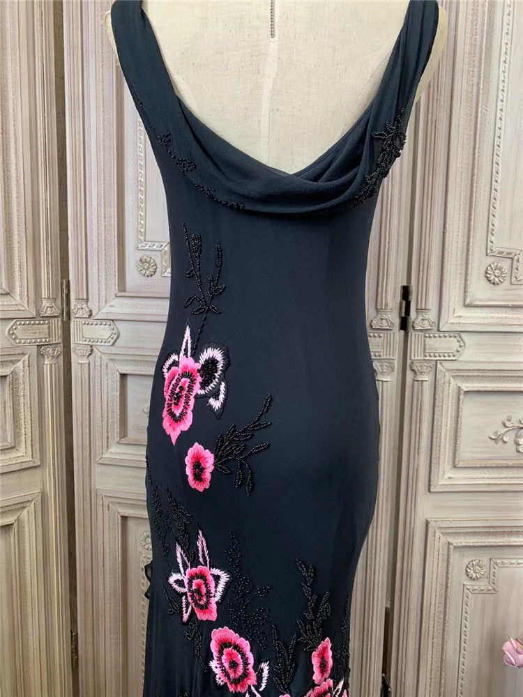 Vintage Draped V Neck Black Prom Dress Appliques Beads Sheath Formal Outfit AP7170