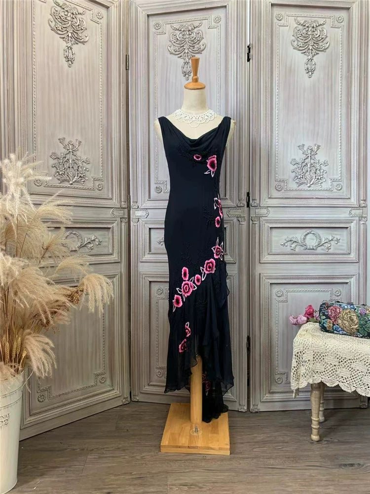 Vintage Draped V Neck Black Prom Dress Appliques Beads Sheath Formal Outfit AP7170