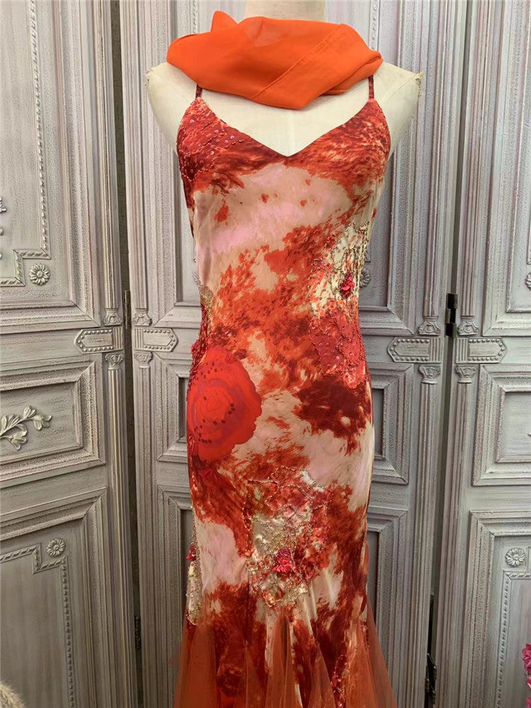 Artistic Spaghetti Strap Sequins Beads Prom Dress Orange Tulle Mermaid Evening Dress AP7171
