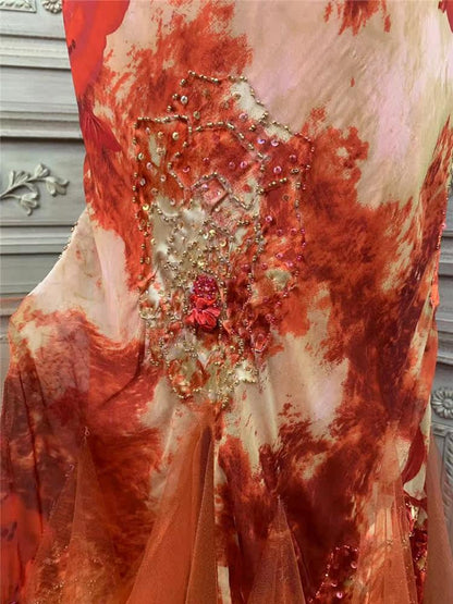 Artistic Spaghetti Strap Sequins Beads Prom Dress Orange Tulle Mermaid Evening Dress AP7171