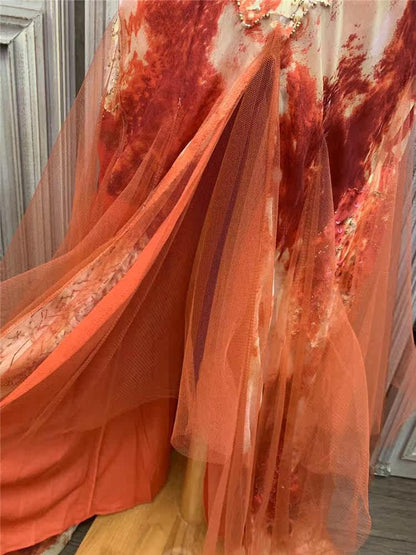 Artistic Spaghetti Strap Sequins Beads Prom Dress Orange Tulle Mermaid Evening Dress AP7171