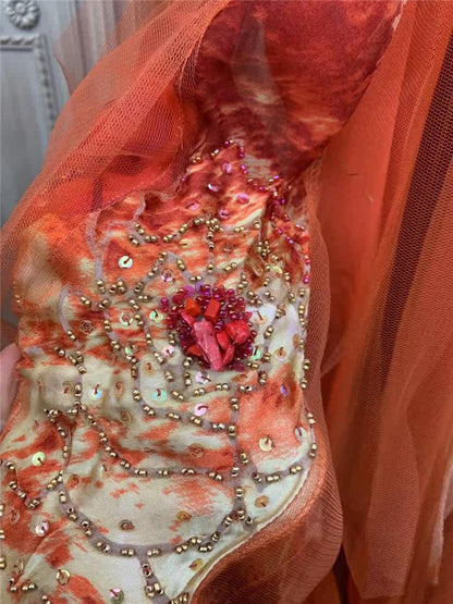 Artistic Spaghetti Strap Sequins Beads Prom Dress Orange Tulle Mermaid Evening Dress AP7171