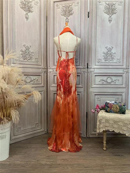 Artistic Spaghetti Strap Sequins Beads Prom Dress Orange Tulle Mermaid Evening Dress AP7171