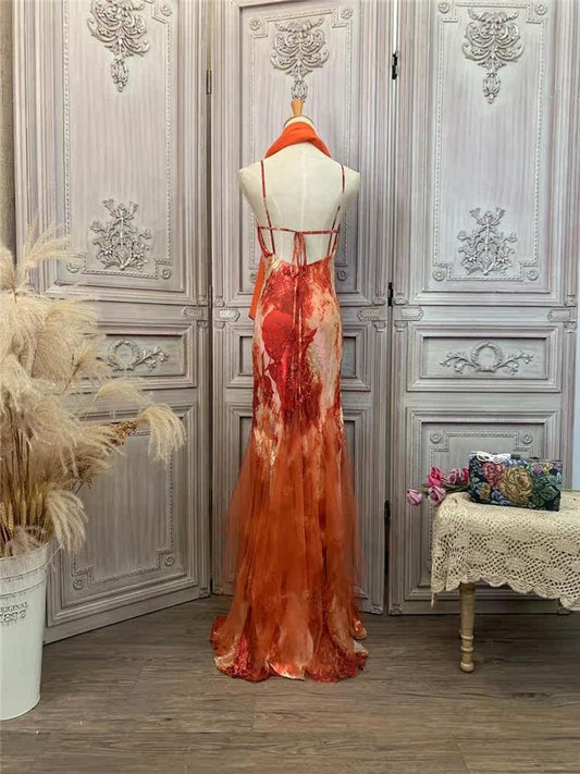 Artistic Spaghetti Strap Sequins Beads Prom Dress Orange Tulle Mermaid Evening Dress AP7171