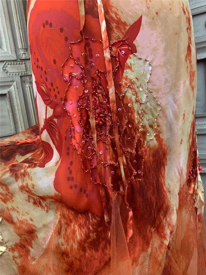 Artistic Spaghetti Strap Sequins Beads Prom Dress Orange Tulle Mermaid Evening Dress AP7171