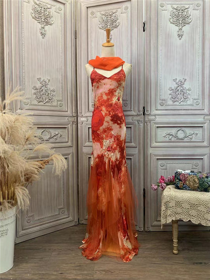 Artistic Spaghetti Strap Sequins Beads Prom Dress Orange Tulle Mermaid Evening Dress AP7171