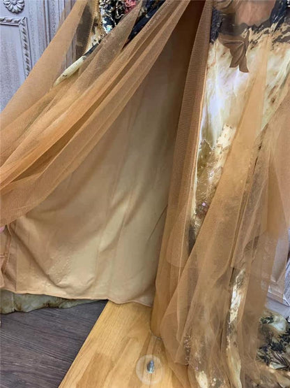 Dreamy Spaghetti Strap Brownness Prom Dress Sequins Tulle Beads Mermaid Evening Dress AP7172