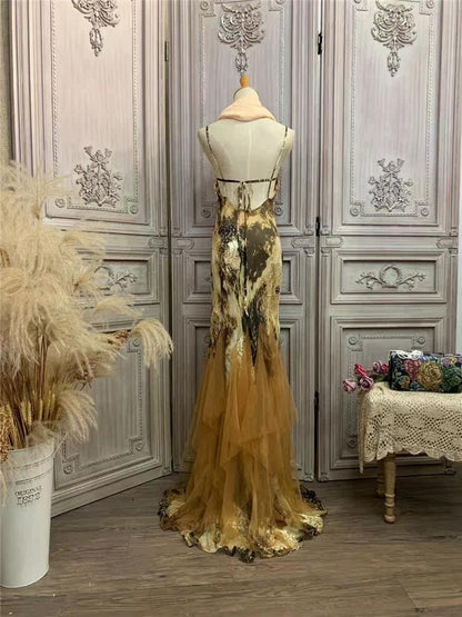 Dreamy Spaghetti Strap Brownness Prom Dress Sequins Tulle Beads Mermaid Evening Dress AP7172