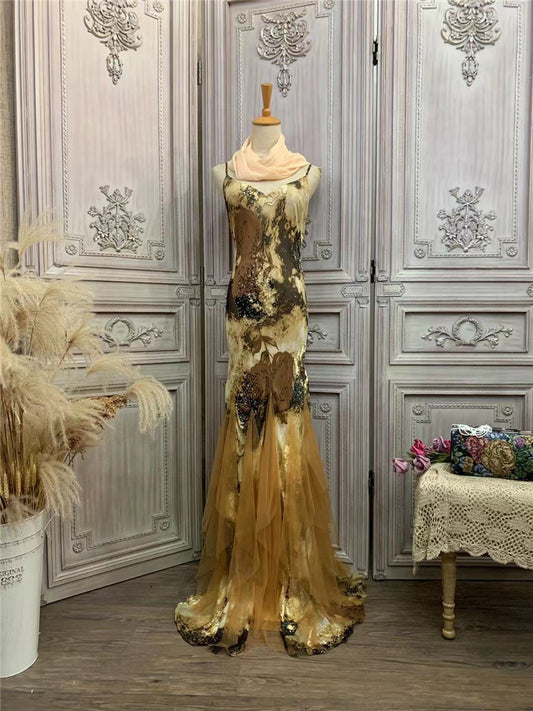 Dreamy Spaghetti Strap Brownness Prom Dress Sequins Tulle Beads Mermaid Evening Dress AP7172