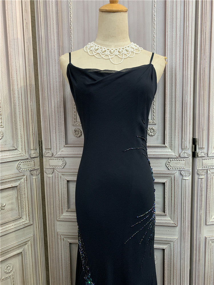 Ethereal Spaghetti Strap Black Prom Dress Sequins Beads Tulle Mermaid Evening Dress AP7173