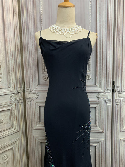 Ethereal Spaghetti Strap Black Prom Dress Sequins Beads Tulle Mermaid Evening Dress AP7173