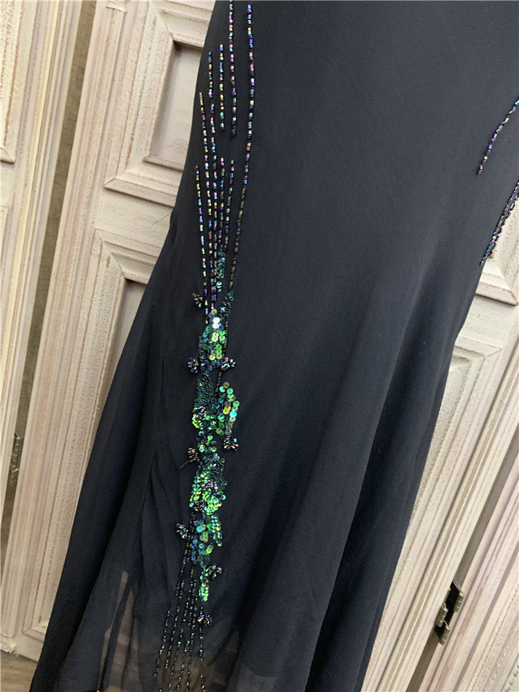 Ethereal Spaghetti Strap Black Prom Dress Sequins Beads Tulle Mermaid Evening Dress AP7173