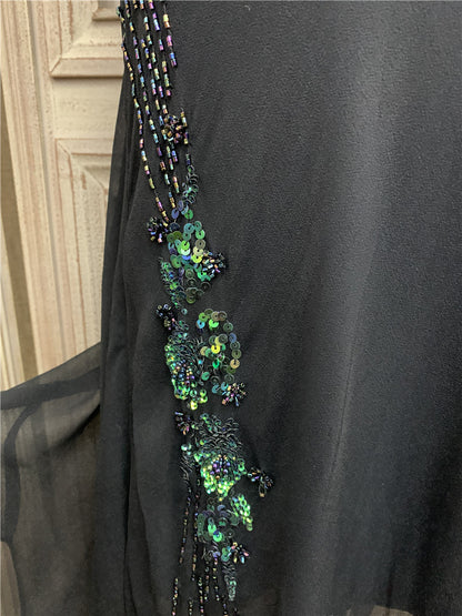 Ethereal Spaghetti Strap Black Prom Dress Sequins Beads Tulle Mermaid Evening Dress AP7173