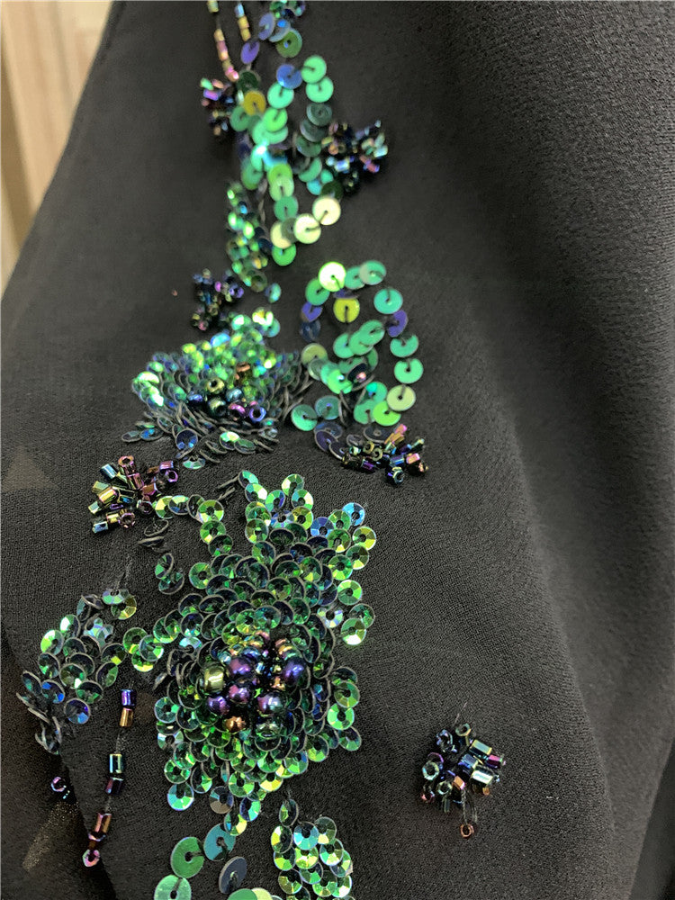 Ethereal Spaghetti Strap Black Prom Dress Sequins Beads Tulle Mermaid Evening Dress AP7173
