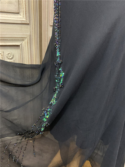 Ethereal Spaghetti Strap Black Prom Dress Sequins Beads Tulle Mermaid Evening Dress AP7173