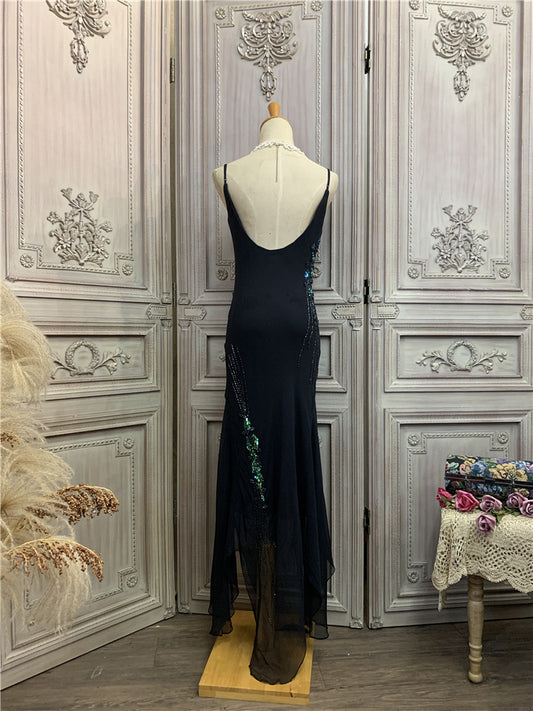 Ethereal Spaghetti Strap Black Prom Dress Sequins Beads Tulle Mermaid Evening Dress AP7173