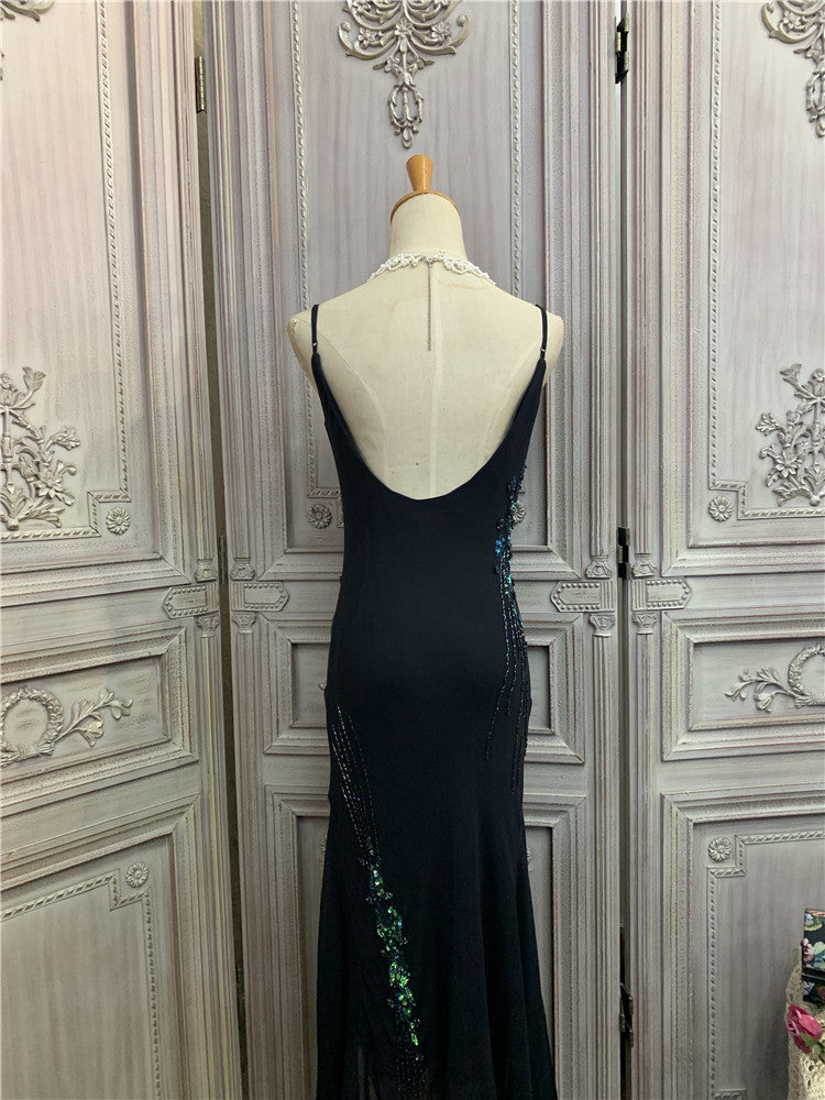 Ethereal Spaghetti Strap Black Prom Dress Sequins Beads Tulle Mermaid Evening Dress AP7173