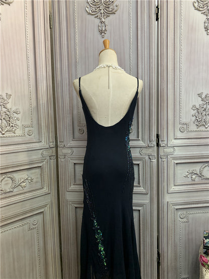 Ethereal Spaghetti Strap Black Prom Dress Sequins Beads Tulle Mermaid Evening Dress AP7173
