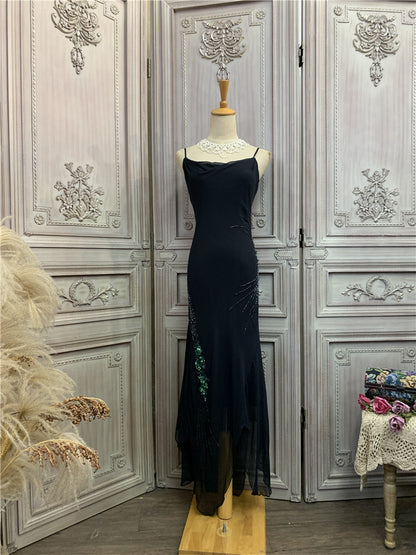 Ethereal Spaghetti Strap Black Prom Dress Sequins Beads Tulle Mermaid Evening Dress AP7173