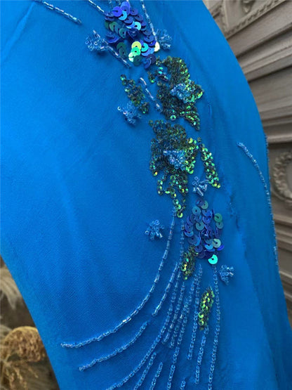 Sheen Spaghetti Strap Blue Prom Dress Beads Sequins Mermaid Party Dress AP7174