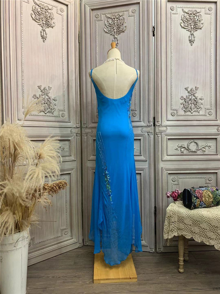 Sheen Spaghetti Strap Blue Prom Dress Beads Sequins Mermaid Party Dress AP7174