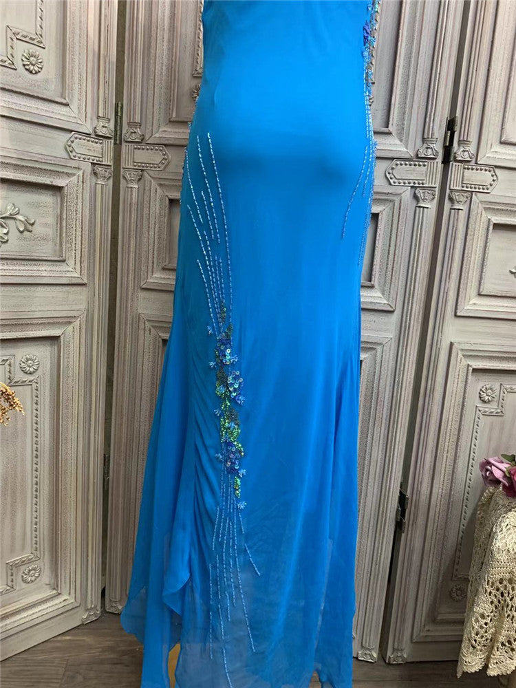 Sheen Spaghetti Strap Blue Prom Dress Beads Sequins Mermaid Party Dress AP7174