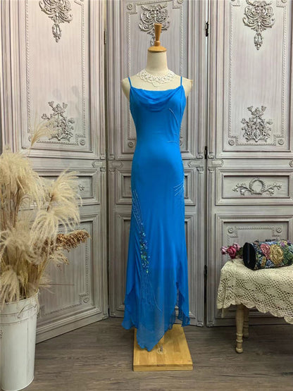 Sheen Spaghetti Strap Blue Prom Dress Beads Sequins Mermaid Party Dress AP7174