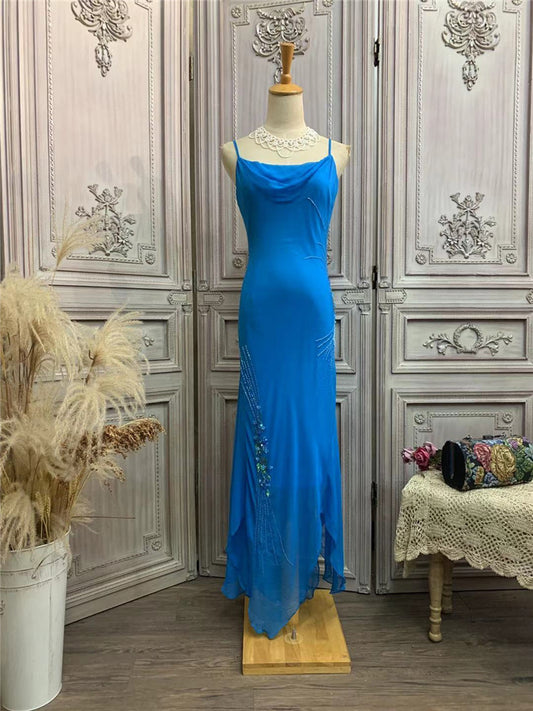 Sheen Spaghetti Strap Blue Prom Dress Beads Sequins Mermaid Party Dress AP7174